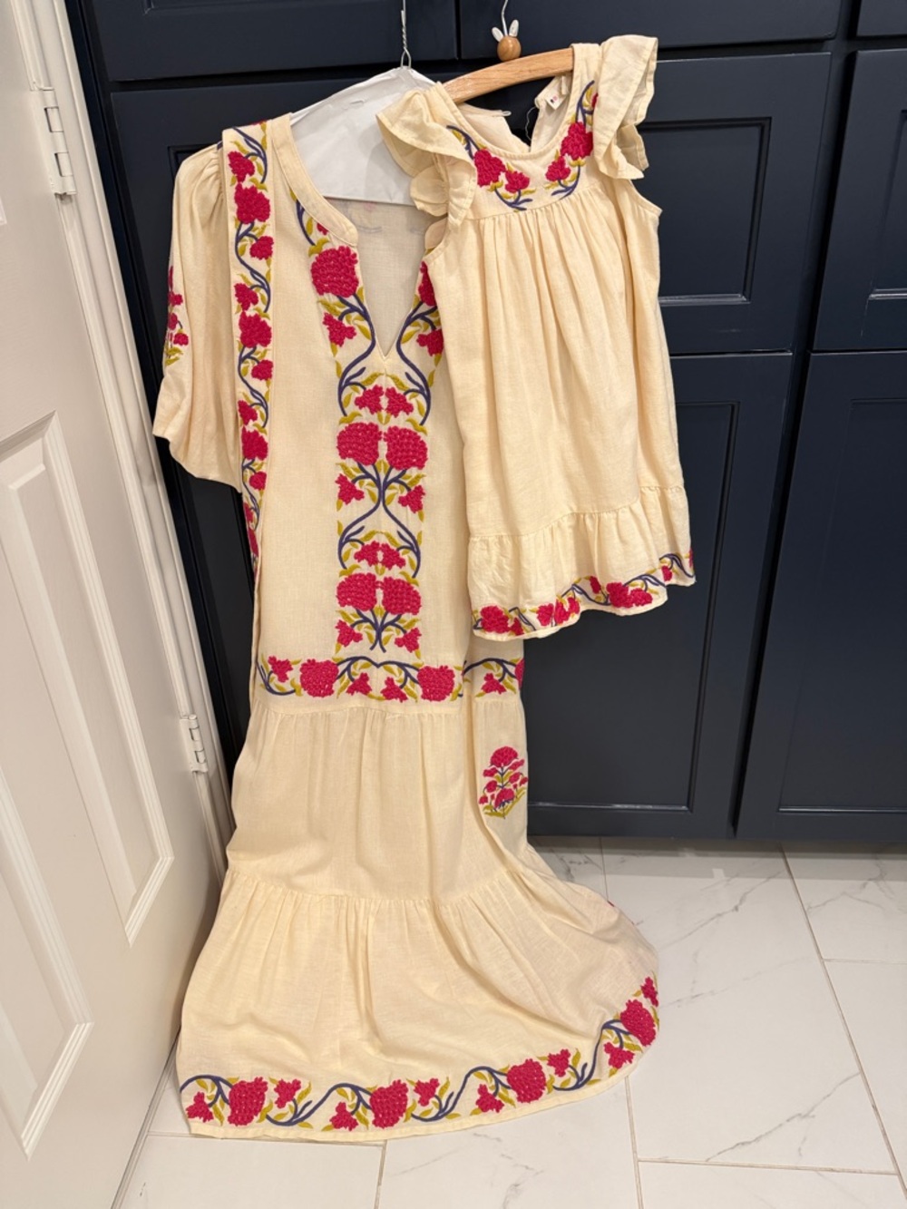 Roller Rabbit Cream Embroidered Floral Maxi Dress + Matching Toddler Dress